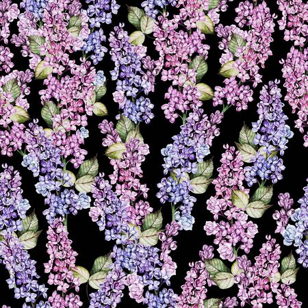 Watercolor seamless pattern with lilac flowers and leaves. Illustrationの写真素材