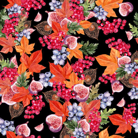 Beautiful autumn watercolor pattern with leaves, blueberries, viburnum berries, physales and figs. Illustrationの写真素材