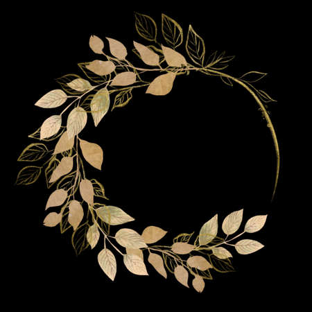 Watercolor wreath with leaves and gold elements. Illustrationの写真素材