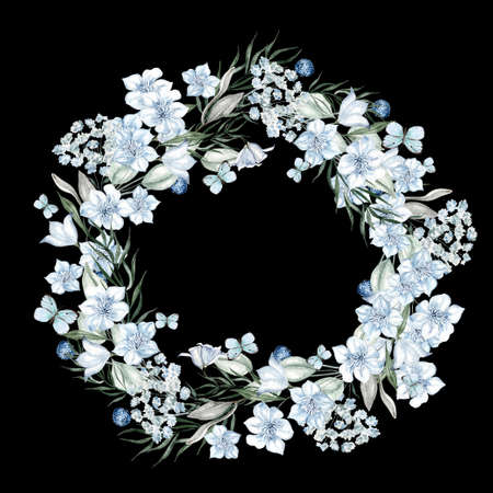 Beautiful watercolor bouquet with roses flowers, gypsophila, lavender and eucalyptus leaves. Illustrationの写真素材