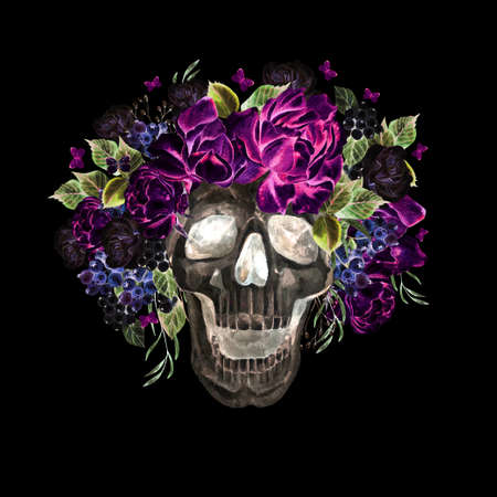 Beautiful watercolor skull with flowers of peony and roses. Illustrationの写真素材