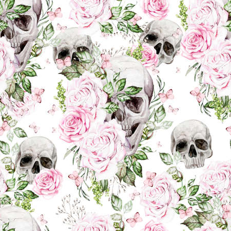 Beautiful watercolor seamless pattern with skull and flowers of peony and roses. Illustrationの写真素材