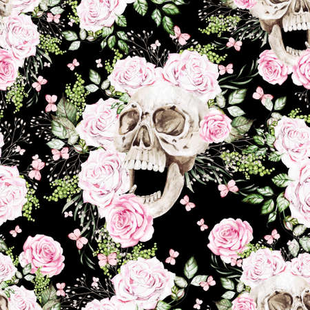 Beautiful watercolor seamless pattern with skull and flowers of peony and roses. Illustrationの写真素材