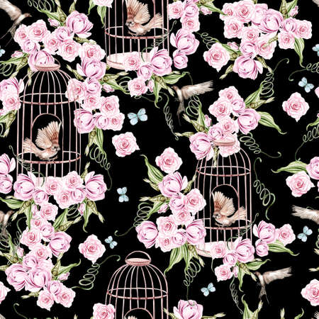 Beautiful watercolor pattern with birds and flowers and bird cage. Illustrationの写真素材
