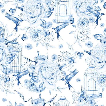 Beautiful watercolor pattern with birds and flowers and bird cage. Illustrationの写真素材