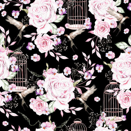 Beautiful watercolor pattern with birds and flowers and bird cage. Illustrationの写真素材