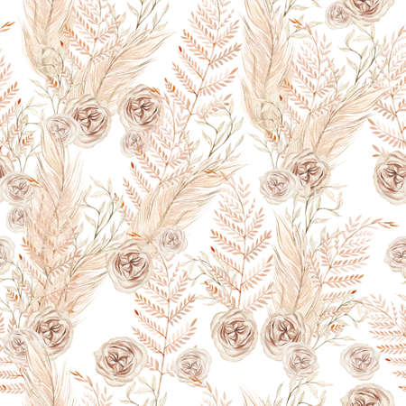 Watercolor boho seamless pattern with hand painted rose flowers, leaves, branches of pampas. Illustrationの写真素材