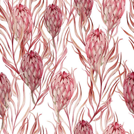 Watercolor wedding pink tropical seamless pattern with Exotic flowers protea and palm leaves. Illustrationの写真素材