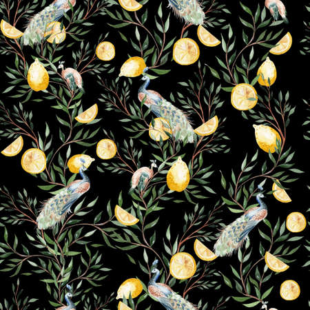 Watercolor seamless pattern with citrus and leaves, bird peacoc. Illustrationの写真素材