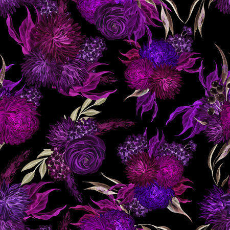 Watercolor seamless pattern with autumn flowers chrysanthemums, ranunculus, berries and leaves. Illustrationの写真素材
