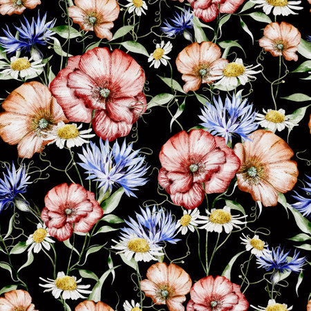 Watercolor seamless pattern with flowers of poppy and cornflower, leaves. Illustrationの写真素材