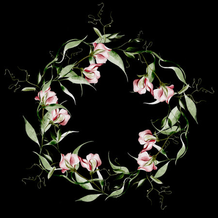 Watercolor wreath with wild flowers of pea and leaves. Illustrationの写真素材