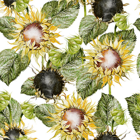 Watercolor seamless pattern with sunflowers and leaves. Illustrationの写真素材