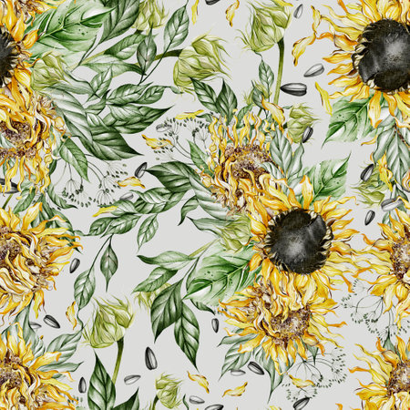 Watercolor seamless pattern with sunflowers and leaves. Illustrationの写真素材