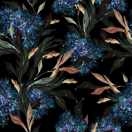 Wedding watercolor seamless pattern with hydrangea leaves and flowers. Illustrationの写真素材