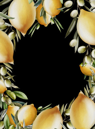Watercolor frame, wreath with lemon and green leaves. Illustrationの写真素材
