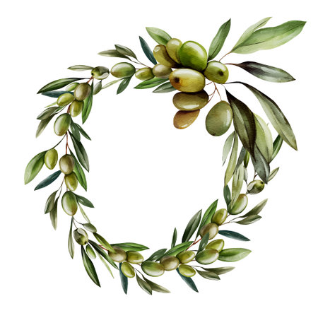 Watercolor wreath with olive berries and green leaves. Illustrationの写真素材