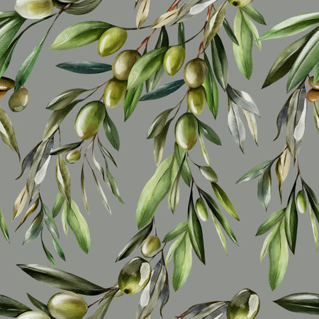 Watercolor seamless pattern with olives and green leaves. Illustrationの写真素材