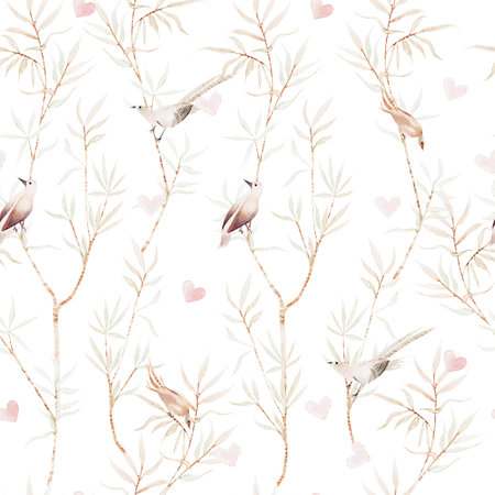 Watercolor seamless pattern with branches leaves and bird.Illustrationの写真素材