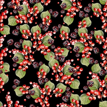 Watercolor seamless pattern of berries and leaves. Illustrationの写真素材