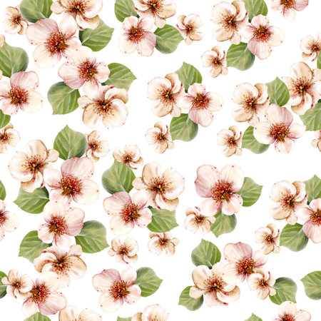 Watercolor seamless pattern of flowers and green leaves. Illustrationの写真素材