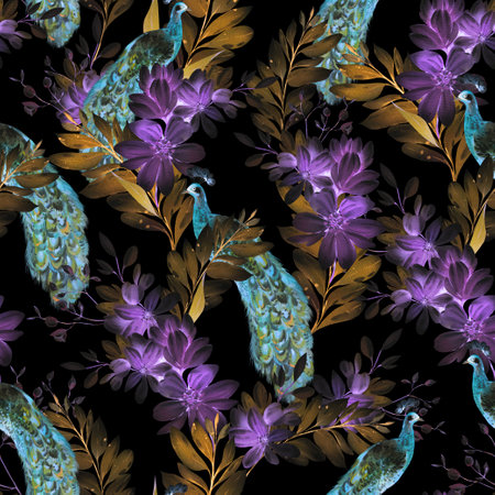 Watercolor pattern with the different purple flowers and wild herbs, peacock bird. Illustrationの写真素材