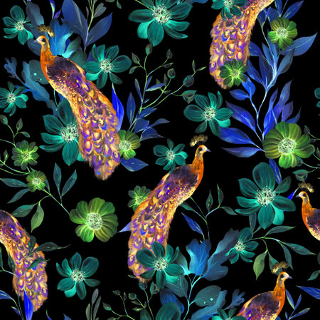 Watercolor pattern with the different purple flowers and wild herbs, peacock bird. Illustrationの写真素材