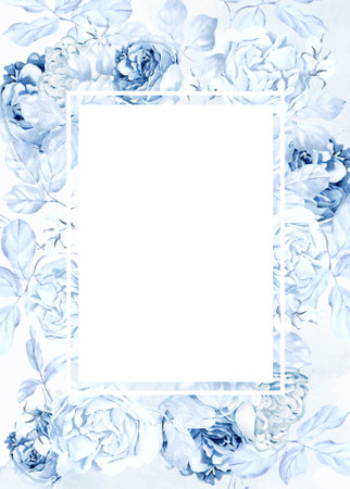 Watercolor wedding card with tender blue roses flower and leaves. Illustrationの写真素材