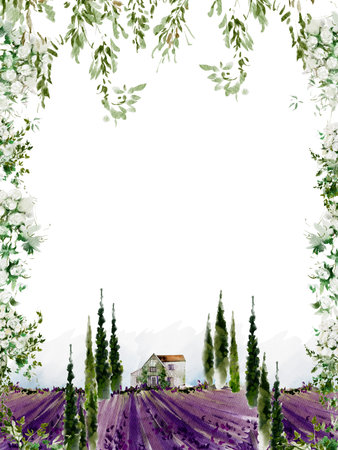 Watercolor wedding Card with lavender fields and green trees.の写真素材