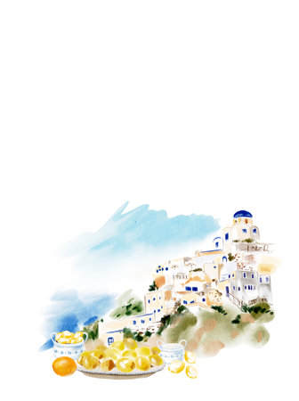 Wedding card, Santorini, Watercolor illustrationの写真素材