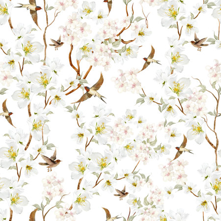 Chinoiserie floral seamless pattern with birds and flowers. Illustrationの写真素材