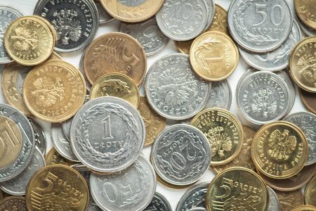Coins of the Polish national currency. Background with polish coins. Top view.の写真素材