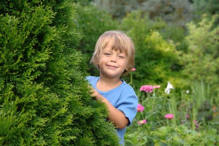 little boy hiding in the gardenの写真素材