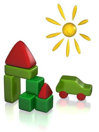 3d rendered block game with car and houseの写真素材