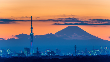 CHIBA, Japan - DEC 18, 2015: "Battle of light and darkness" light-up of Tokyo Skytree with Mt. Fujiのeditorial素材