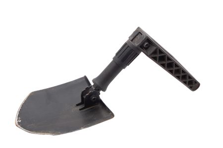 old tri-fold army shovel isolated on whiteの写真素材