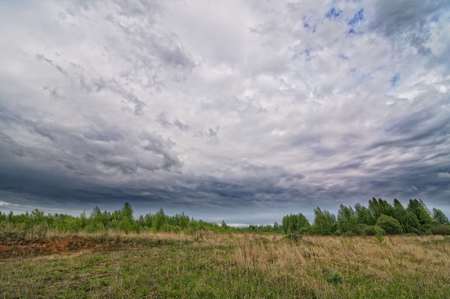 Dark dramatic landscape stormy sky over wetlandsの写真素材