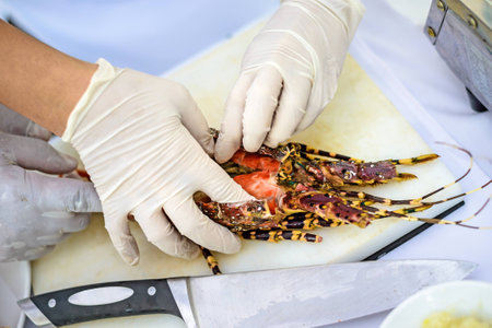 Chefs make lobster butchering meat  cut out for use in cooking の写真素材