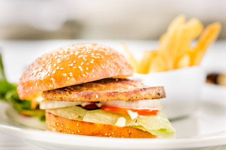 hamburger with potatoes on white dishの写真素材