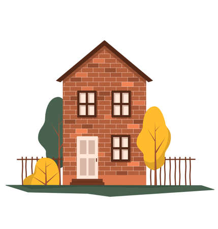Brick house vector with trees and fenceのイラスト素材