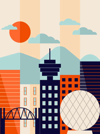 Vancouver cityscape with mountains and main sightsのイラスト素材