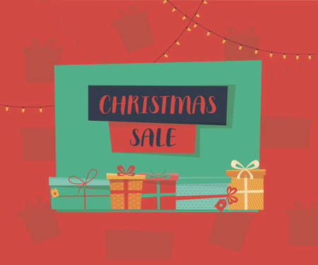Christmas sale. Advertisement poster for a store. Red and green poster vector illustration template.のイラスト素材