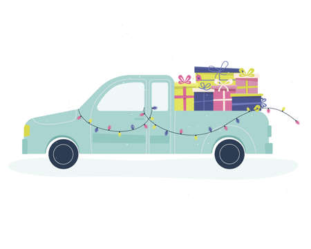 Blue van with gift boxes and Christmas lights.のイラスト素材
