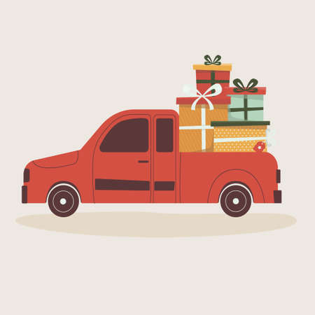 Red van with a present. Vector illustration.のイラスト素材