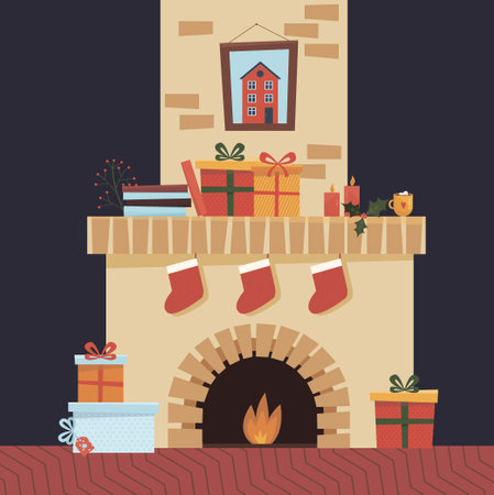 Christmas living room with gifts and fireplaceのイラスト素材