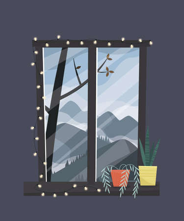 Window with the mountain view vector illustrationのイラスト素材