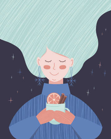 Girl with a cup and mittens vectorのイラスト素材