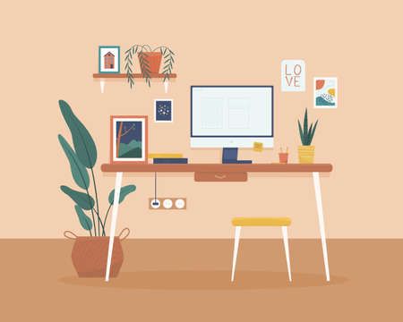 Home office room interior vector flat illustrationのイラスト素材