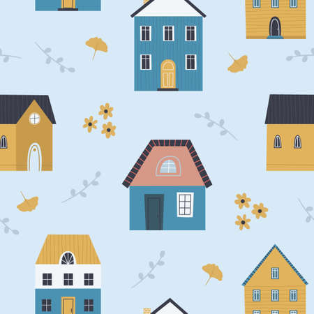 Cute european houses with leaves flowers patternのイラスト素材