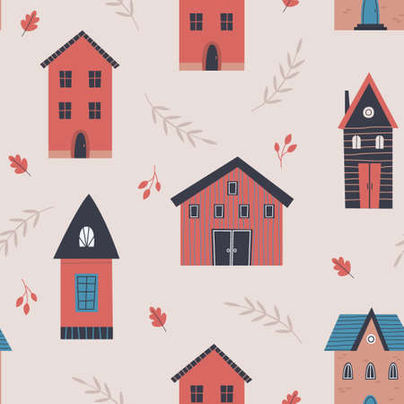 Cute red houses seamless pattern with flowersのイラスト素材